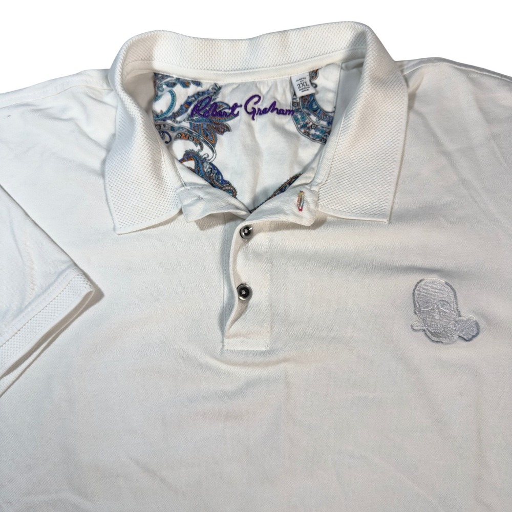 Robert Graham Polo Shirt Mens 2XL White Good Skull Rose Paisley Classic Fit